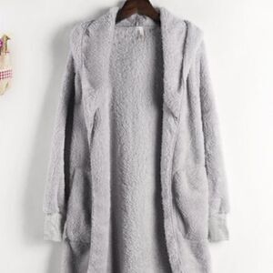 NEW! Super Soft and Fuzzy Fleece Hooded  Grey Jacket Open Front Pockets